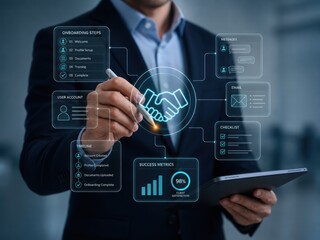 Fototapeta premium Businessperson using digital partnership dashboard for client management corporate networking collaboration and service workflow