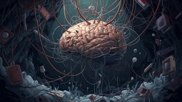 A brain turning into tangled wires plugged into multiple devices
