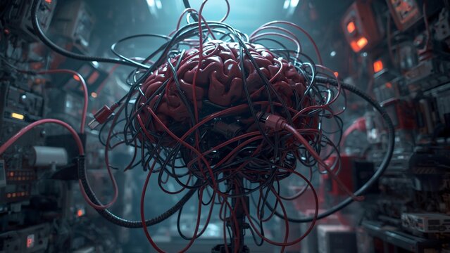A brain turning into tangled wires plugged into multiple devices