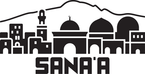 Fototapeta premium Sana'a cityscape with traditional Yemen buildings, domes, and a minaret topped with a crescent moon, mountainous skyline in monochrome style and old c