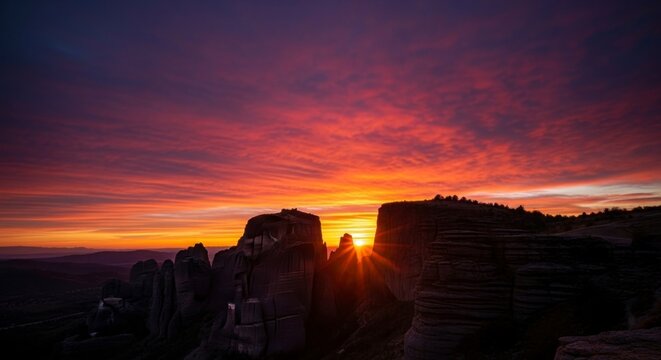 P&ocirc;r do sol espetacular sobre picos rochosos com um c&eacute;u colorido ao fundo.