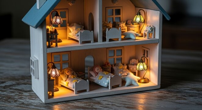 Interior de casa de bonecas em miniatura com ilumina&ccedil;&atilde;o aconchegante e mobili&aacute;rio detalhado.