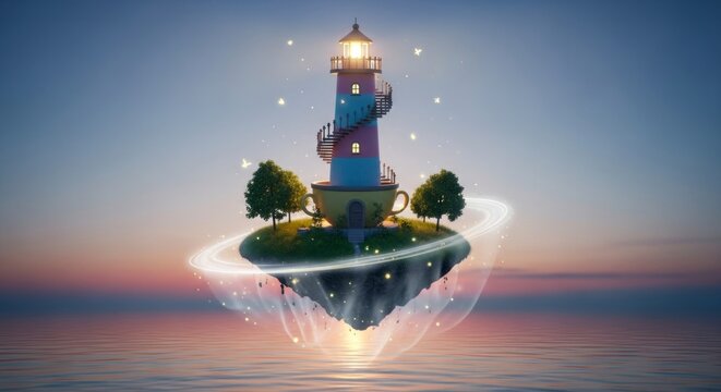 Farol fant&aacute;stico flutuando sobre a &aacute;gua com luzes brilhantes e design art&iacute;stico.