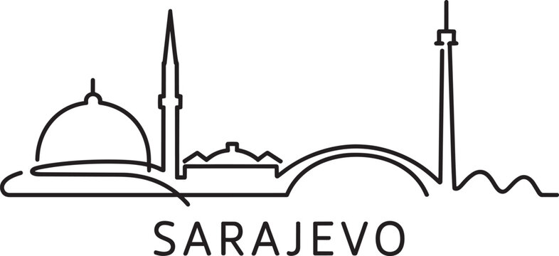 Sarajevo city skyline silhouette with iconic landmarks including a dome and minaret, rendered in a clean