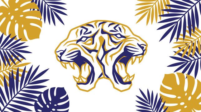 Two Heads Tiger Face Illustration In Gold And Navy Blue Surrounded By Tropical Palm Leaves Pattern