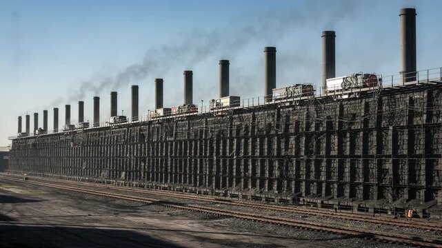 Medium shot of a coke oven battery exterior at daylight showcasing a long row of ovens with visible offgas ducts and operational charging cars under clear skies