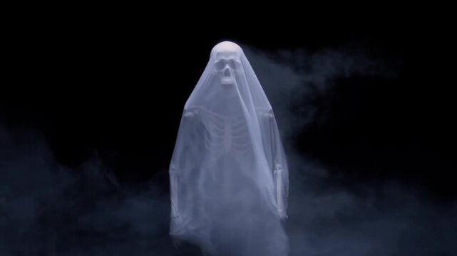 Tracking slow motion dolly shot of ghost skeleton figure drifting through smoky dark studio background