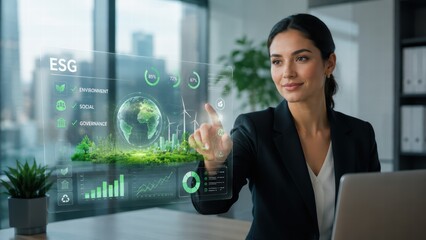 Obraz premium Businesswoman using sustainability analytics dashboard for green finance ESG strategy renewable energy and eco business growth report