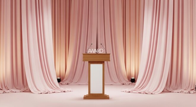 Elegante p&oacute;dio com cortinas para fundo de cerim&ocirc;nia de apresenta&ccedil;&atilde;o.