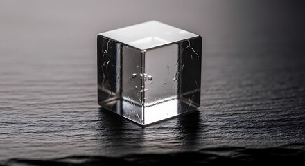 Fototapeta premium Close-up of Transparent Ice Cube on Dark Surface with Reflection and Light