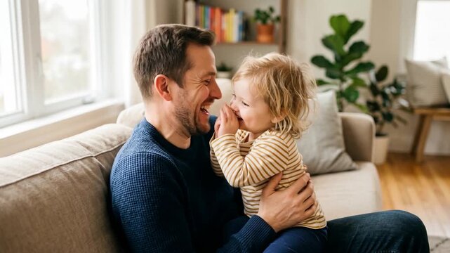 Father playing affectionately with young daughter at home, family bonding, parenting and joyful childhood moment in cozy living room.