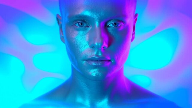 Static shot of male model with metallic iridescent makeup holding steady gaze against neon abstract studio backdrop