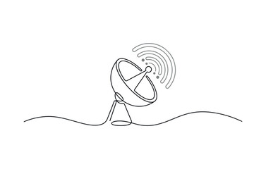 Obraz premium Continuous line satellite dish illustration with round antenna, angled stand and signal marks on flowing baseline, satellite dish,
