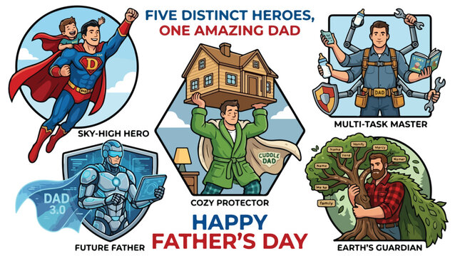 Set of fathers day cartoon super dad stamps vector illustration retro vintage comic poster design