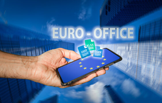 Hand holding smartphone showing EU flag on screen with digital document icons rising out, symbolizing European software, online document management, data privacy and cloud services