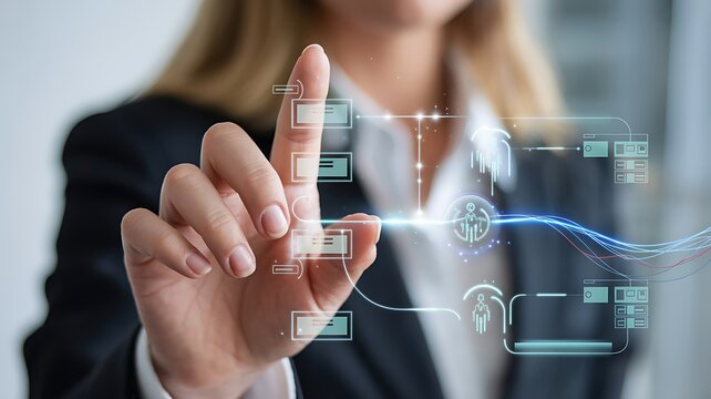 Hands typing on a keyboard with a luminous AI chip icon surrounded by symbols for law, government, documents, goals, and safety.
