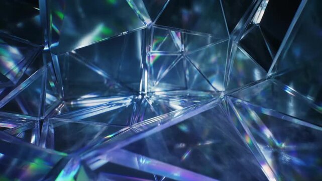 Slow motion tracking shot of faceted glass prisms rotating and reflecting light on tabletop studio setup with iridescent blue highlights