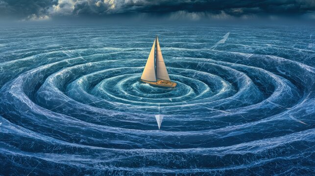 navigational sports competition, yacht races through a metaphorical competition, navigating a giant compass symbolizing sports, amidst stormy cinematic skies and realistic ocean textures