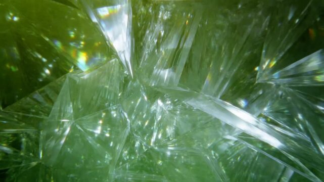 Tracking shot macro close up of green crystal formations moving inward through mineral cavity inside geode
