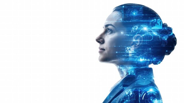 Woman profile with artificial intelligence data overlay for digital identity neural network cognitive technology and future mind concept