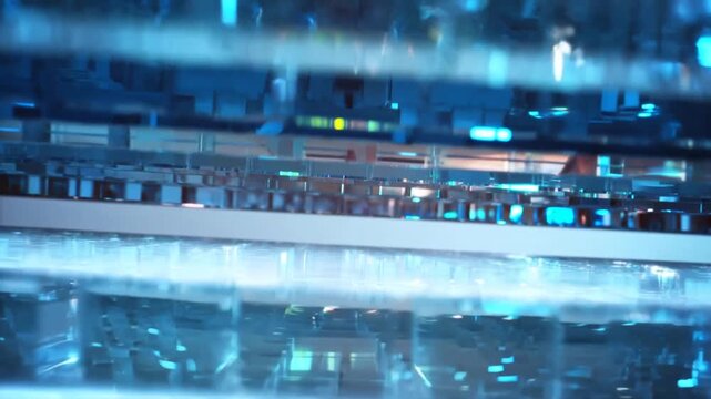 Tracking pan of layered glass panels sliding and reflecting inside futuristic tech interior with illuminated blue metallic surfaces