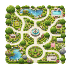 Fototapeta premium PNG Lush garden maze with ponds.