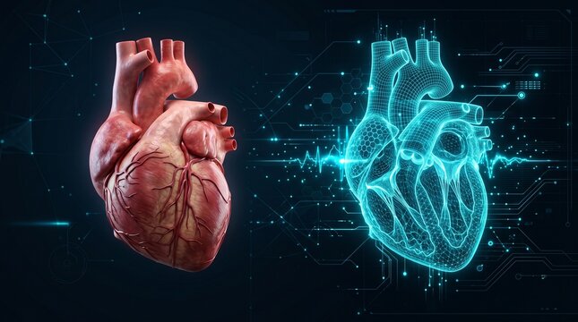 Real and digital heart comparison in medical science and technology visualization progress