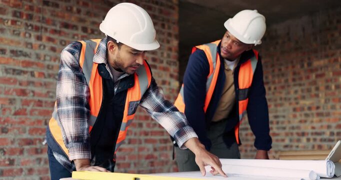 Planning, team or architect with blueprint for construction, discussion or idea for site integration. Review, property development or men with schematic for infrastructure update, talk or engineering