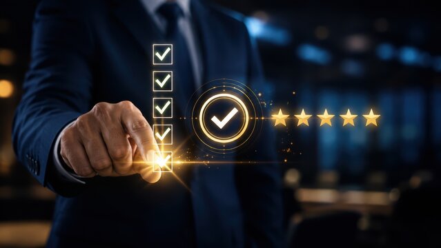 Businessperson selecting gold check mark rating for customer satisfaction quality approval and service review concept