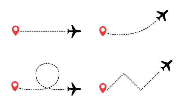 Airplane Route Path Icons Set, Flight Travel Line and Destination Pin Symbols