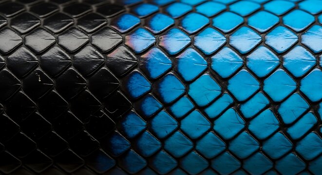 Close-up of textured blue and black surface with geometric pattern and reflective highlights