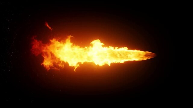 Tracking shot of flaming projectile streaking across dark background with glowing sparks and trailing embers in studio space void