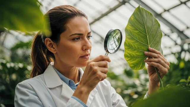 Female botanist examining a green leaf with a magnifying glass in a greenhouse. Professional scientist conducting agricultural research and studying plant biology