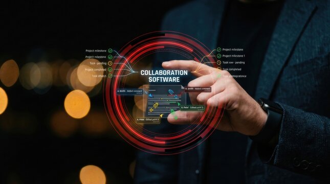 Abstract futuristic interface displaying collaboration software with a person interacting using a finger on a dark blurred background
