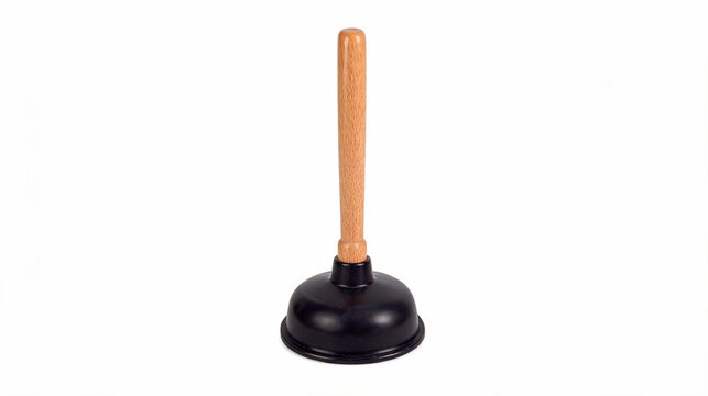 Classic toilet plunger with wooden handle. Professional drain unblocker, bathroom suction pump, plumbing tool, pipe cleaner, clog remover, plunger.