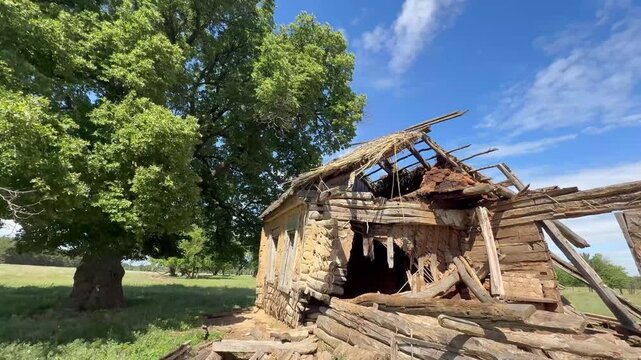 an abandoned wooden structure surrounded by tall grass. The weathered building reveals a dilapidated roof and broken walls in a natural setting.