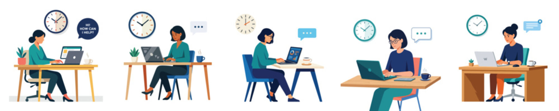 A person working on a laptop with a coffee cup beside him, a chat bubble and clock in the background, flat vector illustration, flat color, minimalist, simple design, no outline, white background