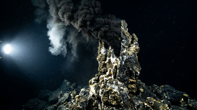 Hydrothermal vent illuminated by a submersible spotlight releases toxic black smoke from the ocean floor while exploring the extreme depths of the sea during a rigorous scientific research expedition.