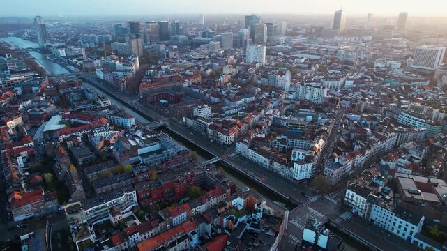 An panoramic aerial view of te capitol city Brussels in Belgium on a sunny morning in autumn.. 