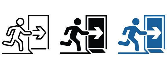 Fototapeta premium Fire Exit Emergency Sign Symbol with Running Person and Escape Door Illustration Design, universal safety symbol for emergency escape, hazard awareness, building evacuation planning, risk management, 