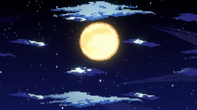 Panning shot of pixel art moon drifting across starry night sky with moving clouds in retro video game style slow tracking motion