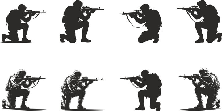 Tactical Soldier Silhouettes Collection in Combat Positions Isolated on White Background. Vector Illustration