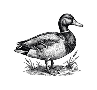 Detailed engraving vector illustration of a duck standing in side view with patterned feathers and webbed feet, duck, bird,