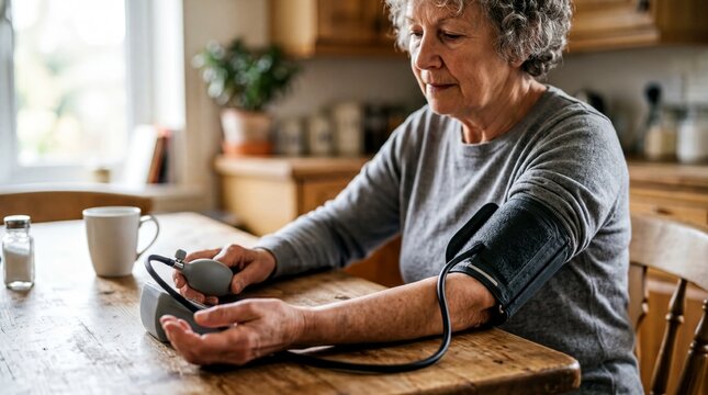remote healthcare monitoring, a close-up of a blood pressure app on a phone next to a cuffed arm