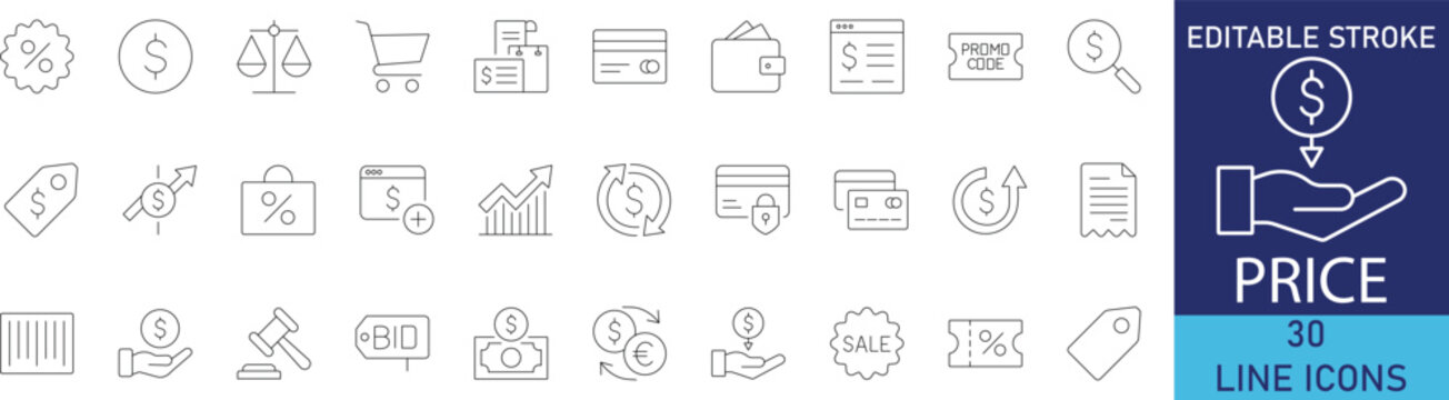 Price tags and discount value line icon set. Vector symbols for retail pricing, commercial product cost, financial currency rate, and e-commerce labels.
