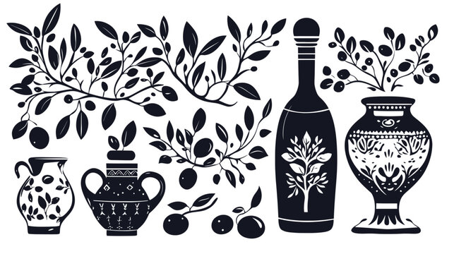 A monochrome illustration of foliage and vessels, including bottles and jugs, with fruit