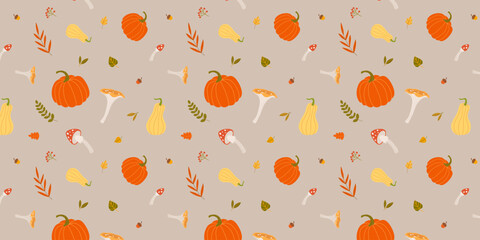 Cute Autumn Pumpkins and Mushrooms Seamless Pattern. Whimsical Vector Fall Background with Orange Pumpkins, Toadstools, and Leaves on Beige for Thanksgiving and Seasonal Design © AnnRozz