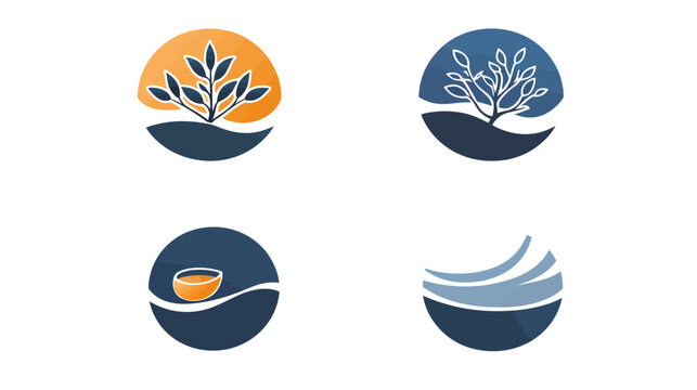 Four abstract logo designs featuring circular elements, natural themes, and a minimalist style
