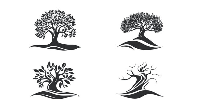 Four stylized illustrations of trees in varying forms, each with distinctive shapes