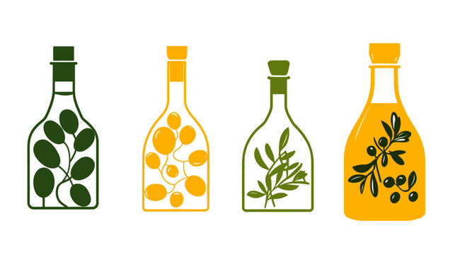 Four stylized bottles, each containing different plant elements. Uses green and yellow for a vibrant look